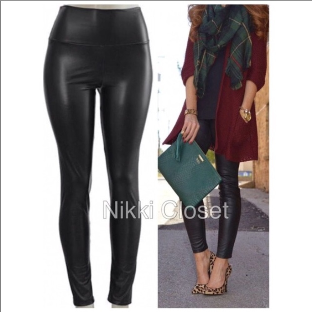 Faux Leather Leggings Pants Black High Waist Tummy Control LINED - Picture 2 of 6